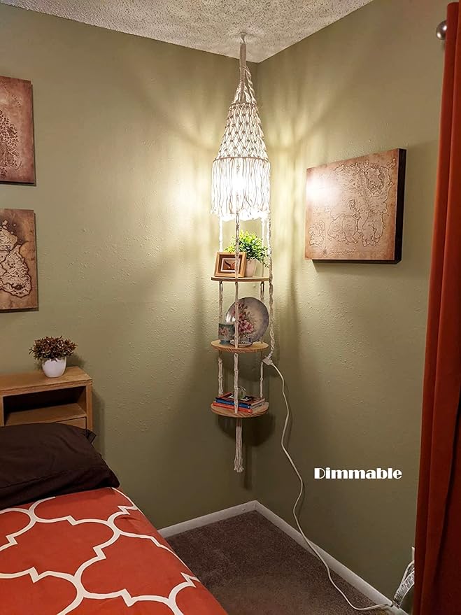 QIYIZM Boho Plug in Pendant Light,Hanging Light with Plug in Cord,Hanging Lamp Macrame Lamp Shade,Dimmable Switch,3 Tier Hanging Plant Shelf Shelves Bohemian Decor for Bedroom Living Room Corner