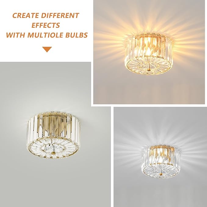 8.89" Small Crystal Ceiling Light, Modern Semi Flush Mount Ceiling Lighting Fixture, Gold Crystal Mini Chandelier for Hallway, Kitchen Entryway Laundry Room, 2-Light, XDD007-1-G