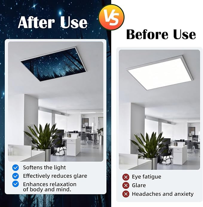 ANGSYLTH 2 x 2 Feet Fluorescent Light Covers - 4 Pcs Covers for Ceiling Lights, Magnetic Light Filters for Classroom, Office, Hospitals, Home (Forests & Starry Sky)