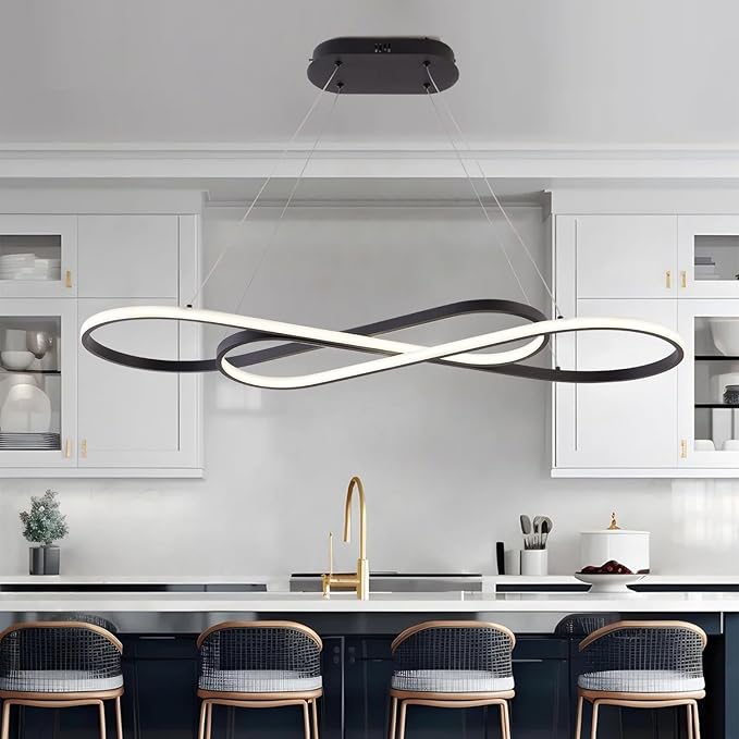 LED Chandelier,39.4inch Modern Led Pendant Light with Remote,Dimmable Black Chandelier for Dining Room,Adjustable Height 45W Aluminium Contemporary Ceiling Hanging Light Fixture for Kitchen