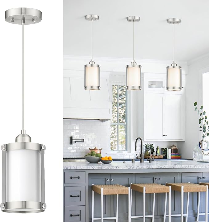 Brushed Nickel Pendant Lights Kitchen Island, 1-Light Modern Mini Hanging Light Fixtures with Milk Glass, Farmhouse Kitchen Pendant Lighting Over Island for Sink, OS-3014-1PBNW