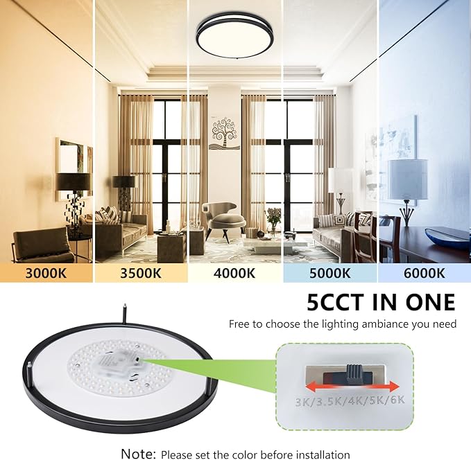 16Inch LED Ceiling Light Fixtures 2 Pack, 48W Flush Mount Ceiling Light, 4800LM Super Bright Ceiling Mount Light, Dimmable Black Ceiling Light 5CCT Ceiling Lamp for Hallway Kitchen Bedroom