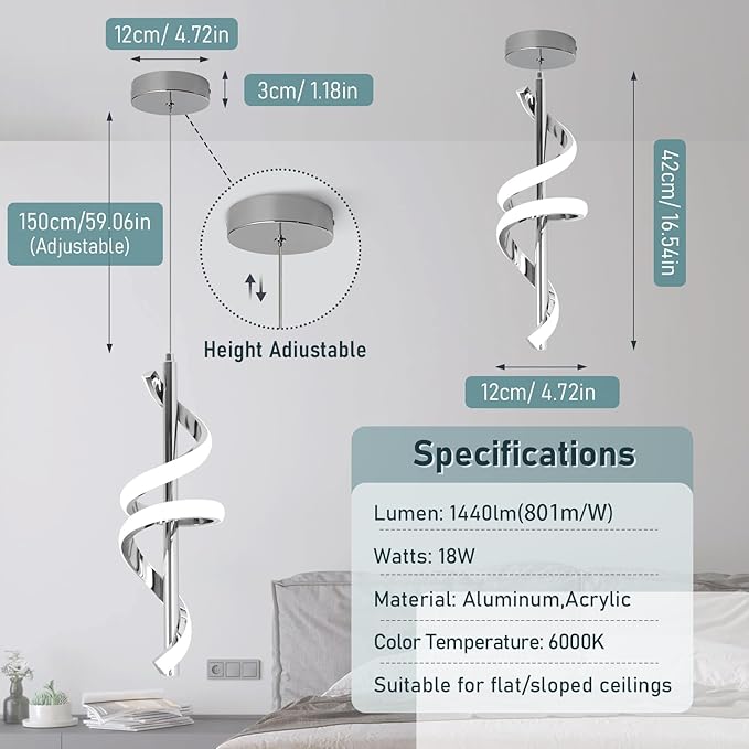 Led Pendant Light Fixtures,6000K Cool White Modern Pendant Lights for Kitchen Island,Adjustable Kitchen Island Light Fixture for Dining Room Bedroom Sink, 1 Pack (Chrome, 2 Packs)