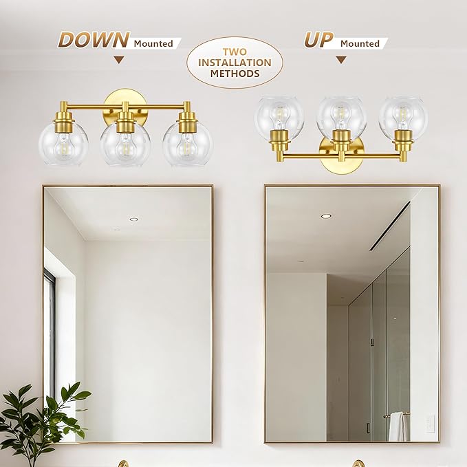 Gold Bathroom Vanity Lights, 3-Light Wall Sconce with Glass Globe Shade, Vanity Lighting for Bathroom/Bedroom/Dressing Room, Vertical/Horizontal Mounted, E26 Bulb Base (Bulb Not Included)
