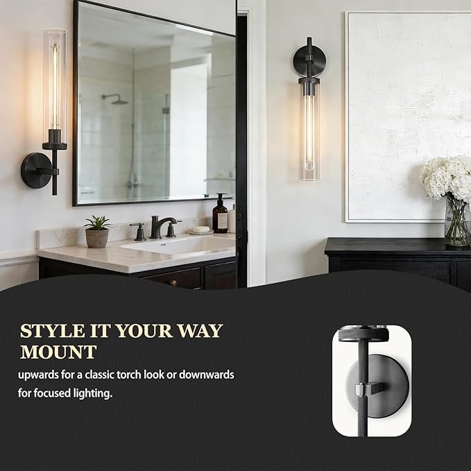Black Wall Sconces Set of Two, 19" Knurled Black Sconces Wall Lighting, Tube Glass Bathroom Sconces Wall Lights for Bedroom Living Room Vanity Sconce Wall Lamp for Hallway, Staircase