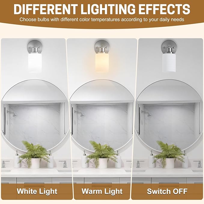 2-Pack 1-Light Vanity Lights, Brushed Nickel Bathroom Light Fixture with Textured Milky White Glass Shade, E26 Modern Vanity Lighting Fixture for Bathroom Wall Sconce