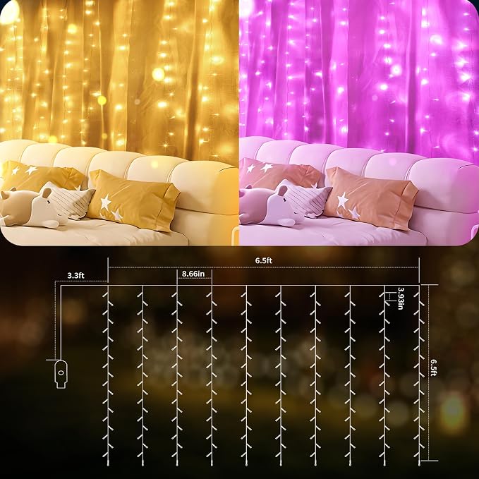 Color Changing Curtain Lights, Pink Room Decor 8 Modes LED String Lights for Garden, Teen Girls' Room, Party, Window, Wall, Valentines Day and Christmas Decor(Warm White and Pink)