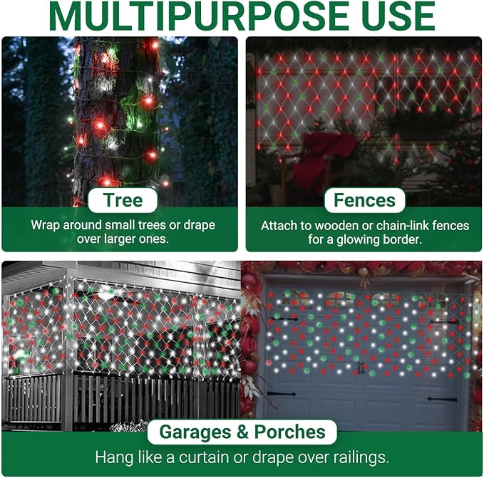 Christmas Light Net – 150 LED Red, Green & Cool-White Mesh Lights - 4 ft x 6 ft – Outdoor/Indoor – Net Lights for Bushes, Hedges or Trees
