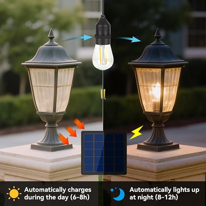 Solar Light Bulb Dusk to Dawn Outdoor Waterproof 3000K with Cable 9.8FT Portable Solar Powered Pendant Lingting for Replacement DIY, Chicken Coop, Shed 2 Pack