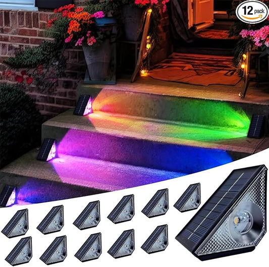 Solar Step Lights, 12 Pack Solar Stair Lights Outdoor Waterproof, Warm White/7 RGB Colors LED Outdoor Deck Light, Outside Light Decor for Garden Stair, Deck, Front Step, Front Porch, and Patio