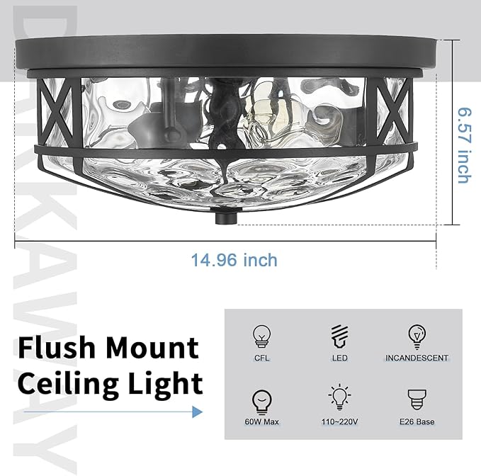 Darkaway 15inch Ceiling Light Fixtures Large Flush Mount Light Fixtures with Water Ripple Glass Shade, Indoor Outdoor Ceiling Light for Kitchen Bathroom Bedroom Hallway Entry Porch