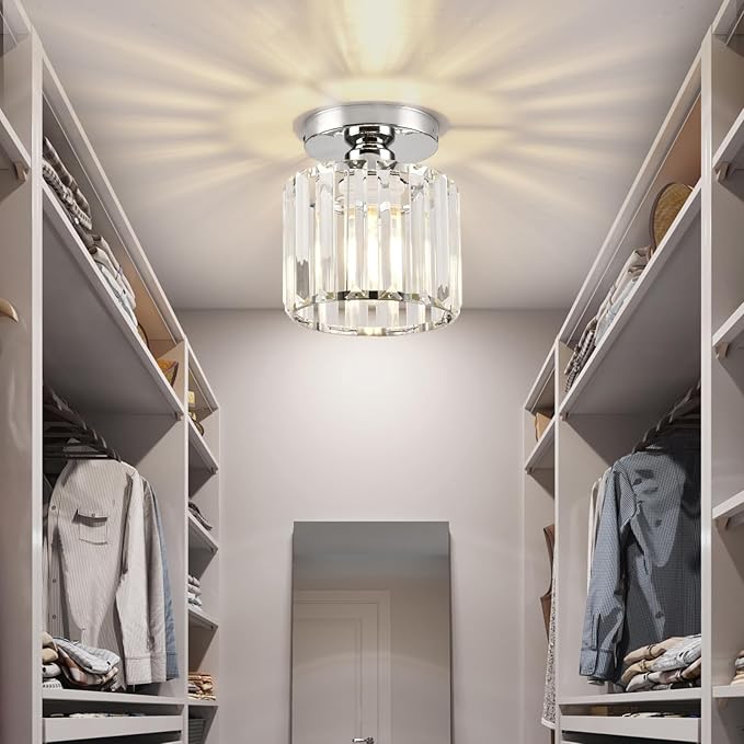 Semi Flush Mount Ceiling Light, Crystal Ceiling Light Silver Crystal Chandelier for Kitchen Hallway Entrance Balcony Dining Rooms Living Rooms Bar