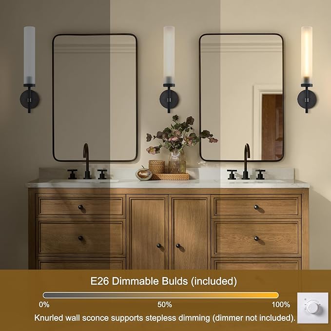 Modern Hardwired Frosted Glass Bathroom Black Wall Sconces 2PC, Handmade Knurled Wall Light Fixture,Vanity Light for Living Room,Hallway, Bedroom, 20" Indoor Wall Lamp, Bulb Included