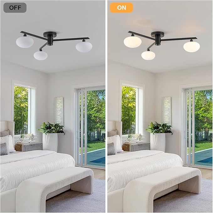 Semi Flush Mount Ceiling Light Fixture, Mid Century Modern 3-Light 22.5" Lighting Fixtures Ceiling Matte Black Ceiling Lights for Bedroom, Entryway, Hallway, Kitchen, Dining Room & Living Room