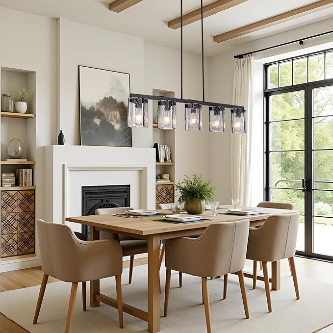 L41.3 ''Farmhouse Linear Chandelier for Dining Room,5 Lights Kitchen Island Light Fixtures,Matte Black Chandeliers with Smoked Glass Shade,and Height Adjustable