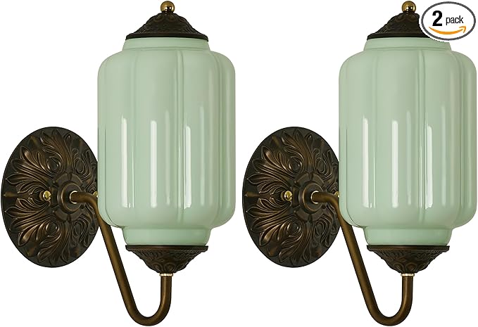 Vintage Milk Glass Wall Sconce - Set of 2 Green Dimmable Wall Mount Lighting with Bulbs - Antique Brass Gold Sconces - Mid Century Vanity Light Fixture for Bathroom Bedroom Living Room Hallway Decor