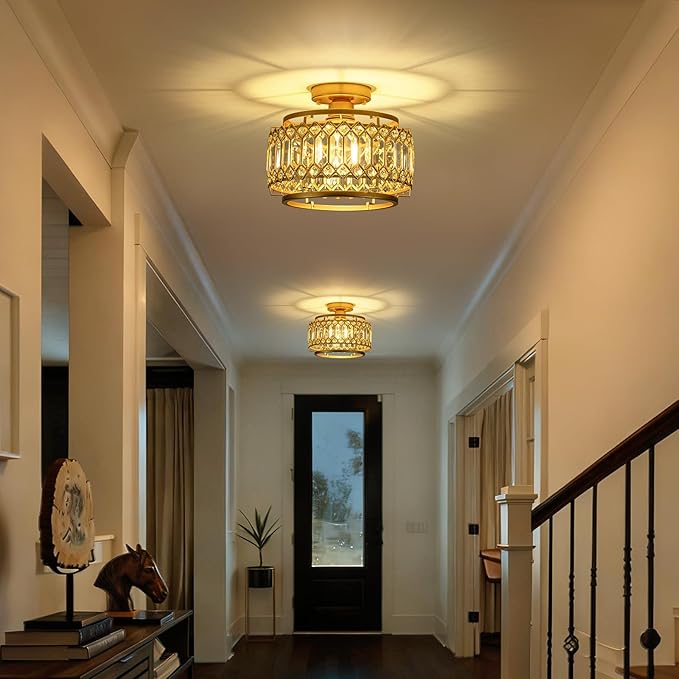 Modern Gold Crystal Flush Mount Ceiling Light with LED Bulb (50% Brighter) – 11.4" Dimmable Chandelier for Dining Room, Bedroom – Reinforced Iron Frame & K9 Crystals – Easy Install