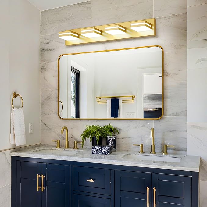 Modern LED Bathroom Lights Fixtures 4-Light,Metal Gold Acrylic Wall Lighting,Vanity Lights for Bathroom Over Mirror 6000k 27in