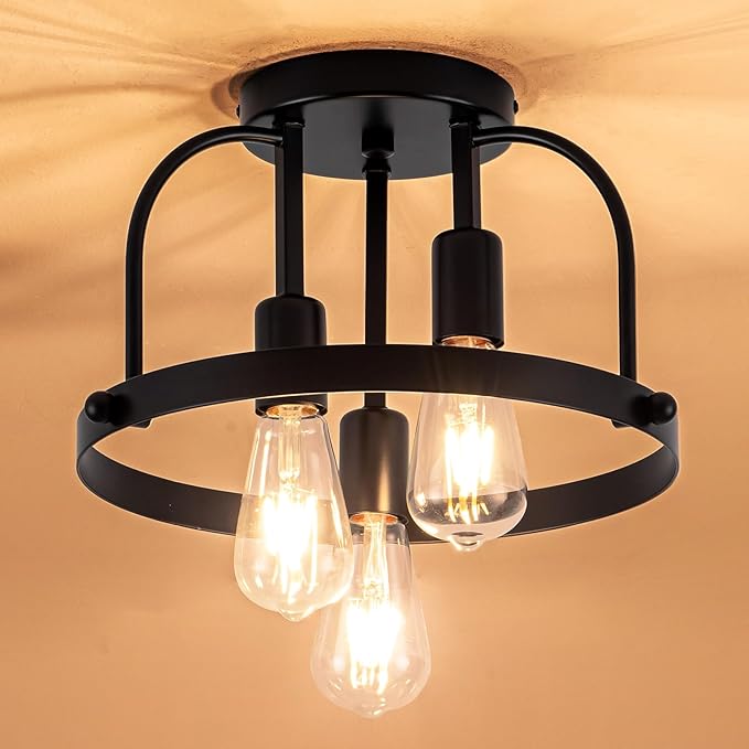 3 Light Industrial Ceiling Light Black Semi Flush Mount Lights Close to Ceiling Light Fixtures,cage Design Farmhouse Ceiling Lighting for Kitchen Bedroom Bathroom Foyer Hallway (E26, 1Pack)