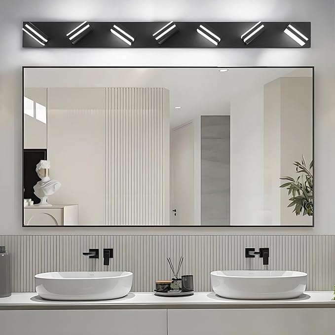 IZORRO LED Modern Bathroom Lights Fixtures(7-Light,Dimmable,360°Rotate),Matte Black Acrylic Wall Lighting,Vanity Lights for Bathroom Over Mirror - 6000k 40In （No Assembly Required）