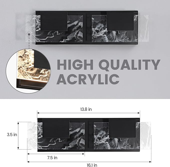 LED Bathroom Vanity Light: 16in Matte Black Acrylic Modern Lighting Fixtures - 2-Light Contemporary Smoke Design Wall Lights Fixture Over Mirror 3000K