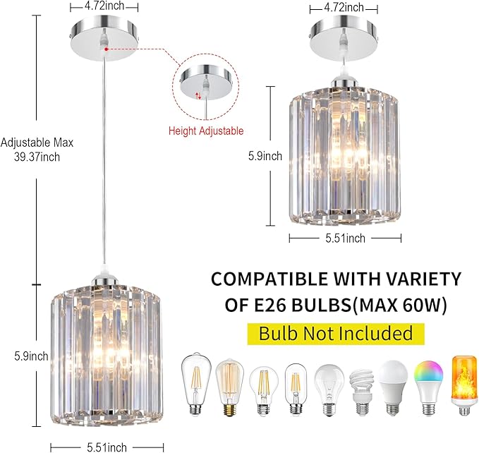TISLYCO Crystal Pendant Lights - Kitchen Island Lighting, Mini Crystal Chandelier for Living Room, Dining Room, Hallway, Bar - 2 Pack - Silver