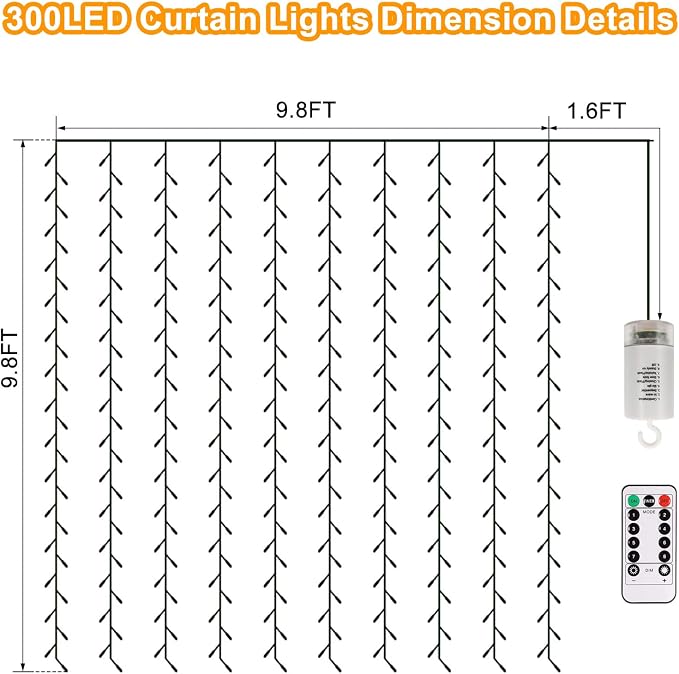 Christmas Battery Curtain Lights Warm White with Remote Timer 9.8×9.8ft