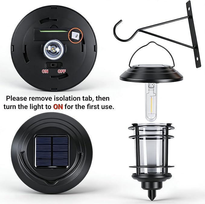 Dynaming 4 Pack Solar Lanterns Outdoor, Hanging Lantern Solar Garden Lights with Edison Bulb, Wall Mounted LED Light Auto On/Off, Waterproof for Garage Stair Patio Front Porch Yard, Warm White