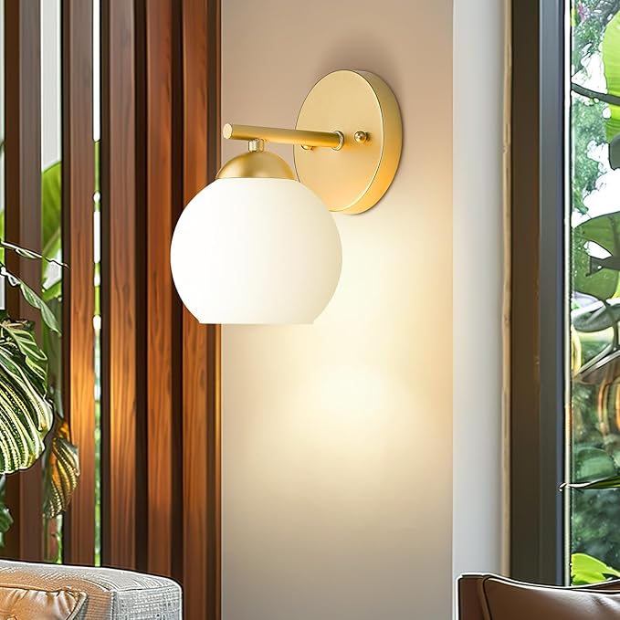 Emak Modern 2 Pack Globe Wall Sconce, Gold Vanity Light with Milk Glass Shade for Bathroom, Living Room, Pictures, Bedroom,Hallway, WS114-GD-ML-2PK