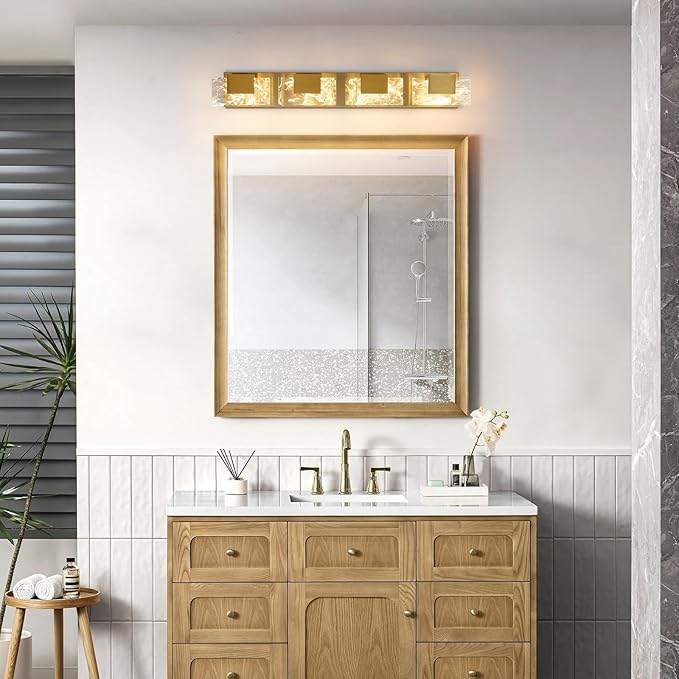 LED Bathroom Vanity Light: 32 inch Brushed Gold Acrylic Modern Lighting Fixtures - 4 Lights Contemporary Smoke Design Wall Lights Fixture Over Mirror 3000K