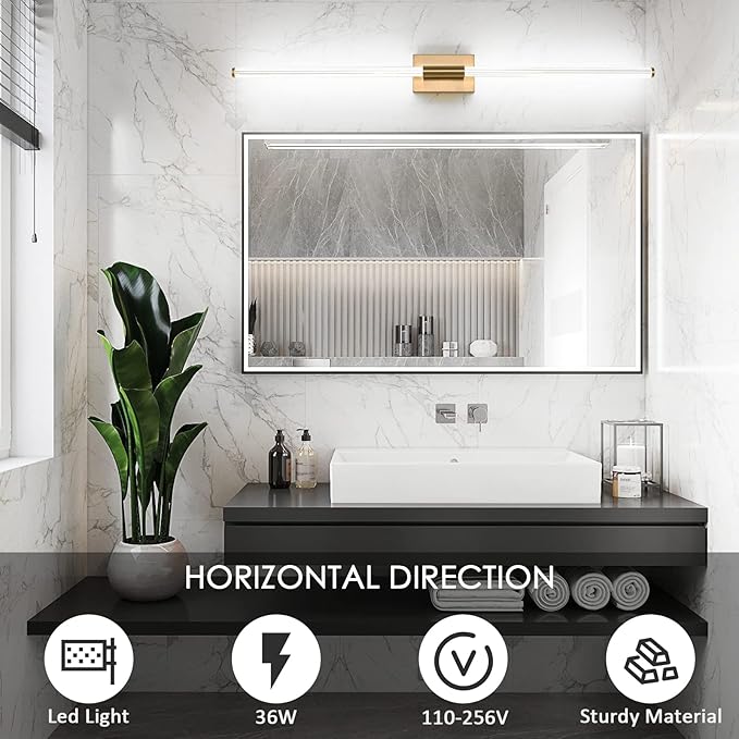 Modern LED Vanity Light, 360° Full Lighting Bathroom Light Fixture Over Mirror, 36W 5500K Cool White, Hardwired Wall Sconce, 47.2 Inch, Brass