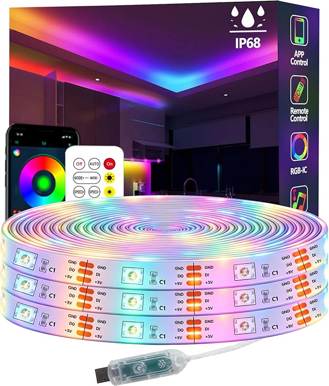 50FT Ws2812 RGB+IC LED Strip Lights IP68 Outdoor Waterproof, 5V USB Powered, Music Sync Bluetooth APP/RF Remote Control Lights for Balcony,Deck,Camping,Garden,Bedroom Decor