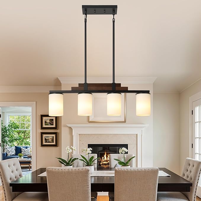 Farmhouse Wood Kitchen Island Lighting, 4-Light Adjustable Chandelier for Dining Room, Milk Glass Shade Dining Room Light Fixture Over Table, Black Hanging Pendant Lights for Kitchen, Pool Table