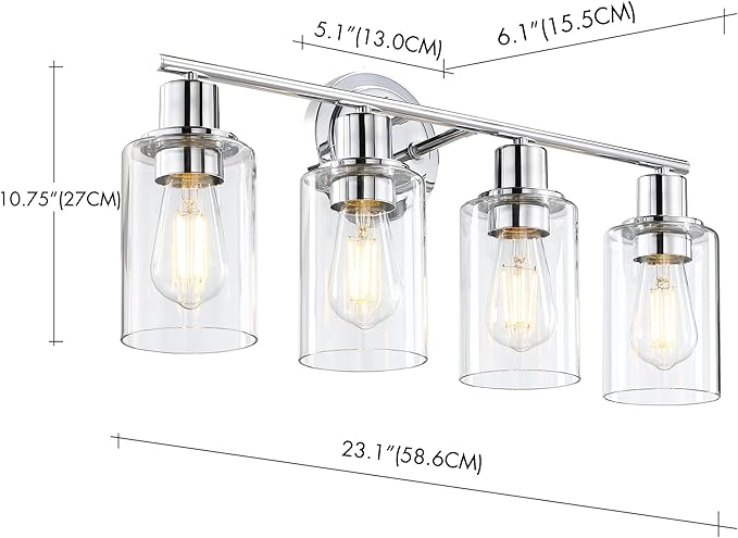 4-Light Chrome Bathroom Light Fixture Over Mirror,4-Light Chrome Vanity Lights for Bathroom 4 Bulb Wall Light Over Sink Cabinet