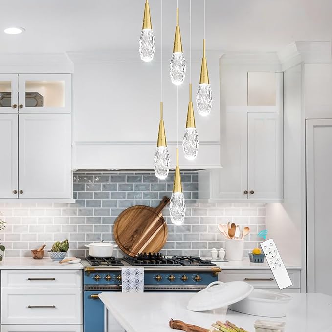 6-Lights Adjustable Pendant Lights for Kitchen Island LED Dimmable Light Fixture Modern Glam Crystal Hanging Lighting for Dining Room Bedroom Antique Gold
