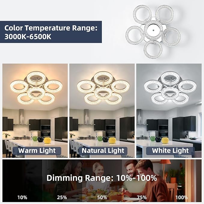 OKELI Modern Ceiling Light, 6 Rings 17.7'' Dimmable LED 60W Flush Mount Ceiling Lights with Remote Acrylic Crystal Round Ceiling Light Fixture, Bedroom Living Room Dining Room, Chrome