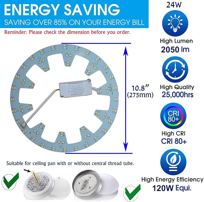 24W 3 Color Temperature LED Flush Mount Ceiling Fan Light Kit Replacement LED Light Board Panel,Retrofit LED Light Engine