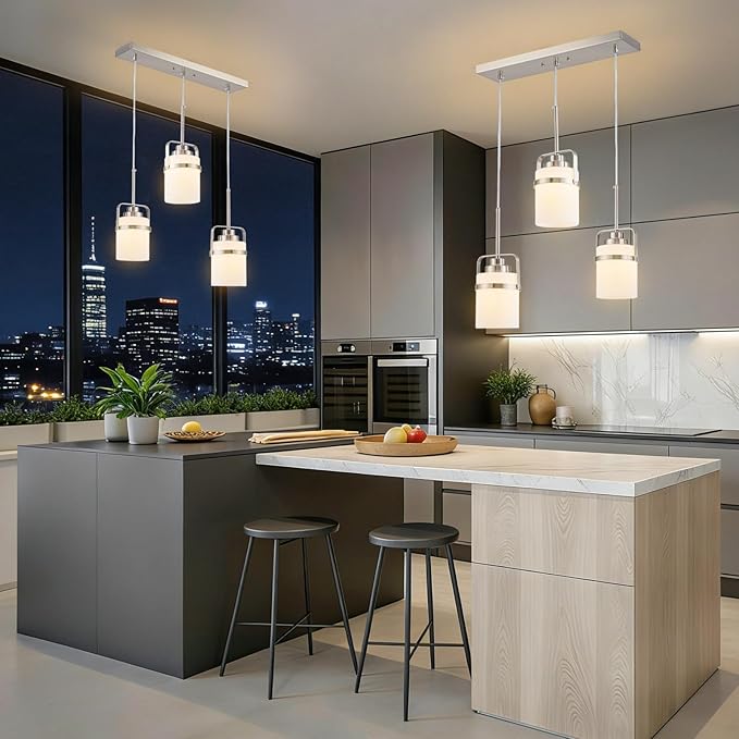 Nickel 3-Light Pendant Lighting, Adjustable Hanging Light Fixture with Milk Glass Shade, Modern Pendant Light for Kitchen Island Dining Room Bar Over Sink/Table/Counter