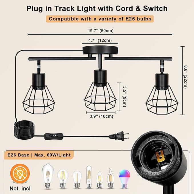 HiBay Track Lighting Plug in, 3-Light Directional Ceiling Light Fixture Black, Farmhouse Plug-in Track Light E26 Wall Spotlight with 16.4ft Cord & in-Line On/Off Switch for Kitchen Dining Room