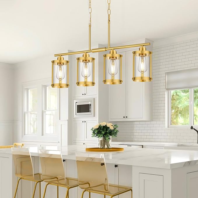 4-Light Kitchen Island Lighting, Brushed Gold Linear Dining Room Light Fixtures with Clear Glass, Modern Mid Century Chandelier Pendant Light for Kitchen Island Dining Room, OS-3014-4ISBG