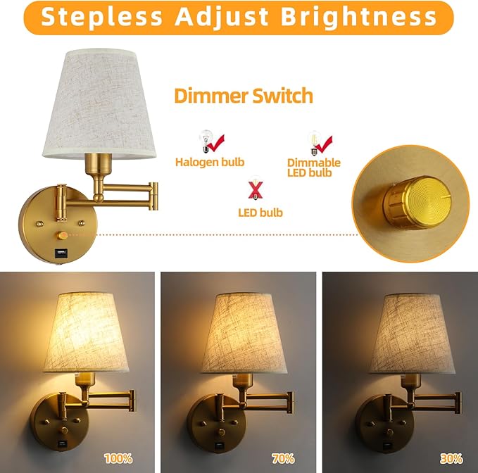 Bedside Wall Mount Light with Dimmable Switch and USB Port, Gold Swing Arm Fabric Shade Wall Sconce Light with Plug in Cord, Wall Lamp Perfect for Bedroom, Living Room and Hotel