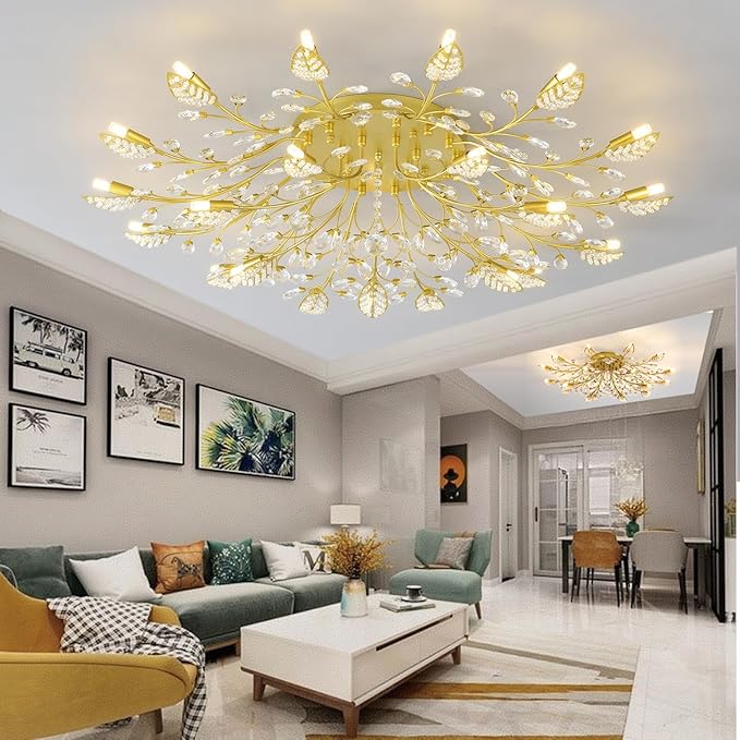 Modern Crystal Ceiling Light Fixture Gold Leaves Semi Flush Mount Ceiling Lights,Chandeliers Lighting for Bedroom Living Room Dining Room Kitchen Hallway Foyer