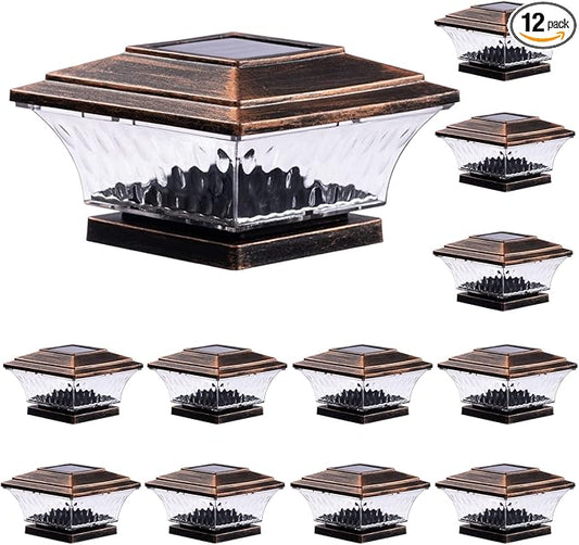 HUYIENO Solar Post Cap Lights Outdoor LED Lighting Deck Fence Cap Light Two Light Modes Warm White/Bright White Suitable for 4x4 Wooden Posts (Brushed Copper, 12pk)