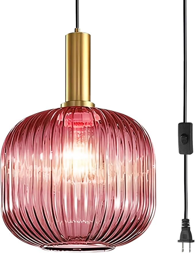 Pink Plug in Pendant Light, 9.8" Mid-Century Modern Ribbed Glass Hanging Lamp with 15ft Cord & On/Off Switch, Hand-blown Striped Glass Pendant Lighting for Bedroom, Kitchen Island, Dining Room