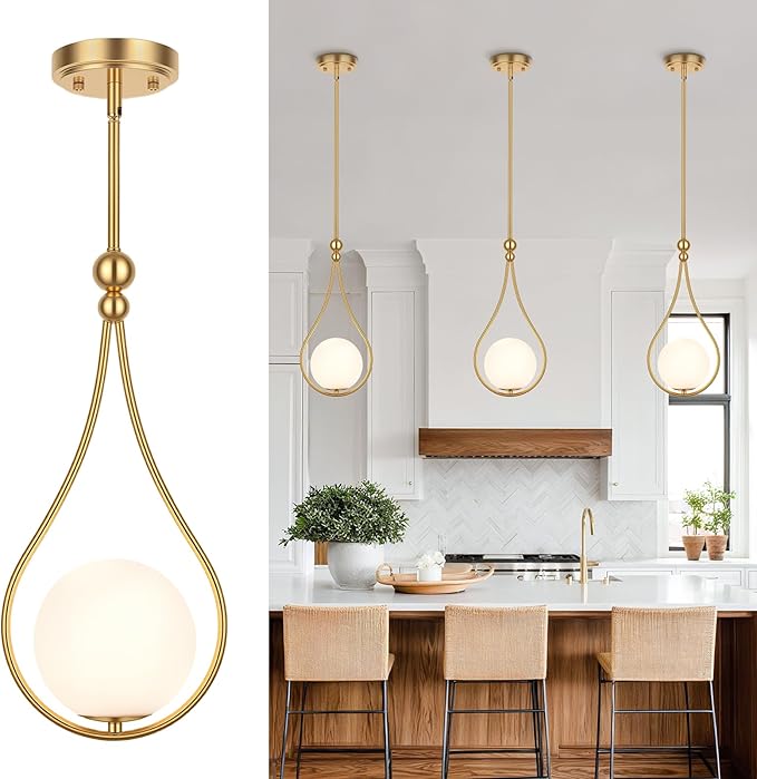 Gold Pendant Lights with Milky White Globe Glass Pendant Lights Kitchen Island Adjustable Mid Century Hanging Pendant Light Fixtures for Kitchen Dining Room Entryway, 1 Pack