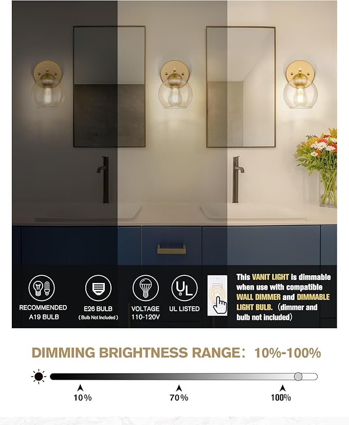 Emak 2 Light Bathroom Vanity Light, Modern Gold Wall Sconce with Clear Glass Shade, Globe Wall Lights for Living Room, Pictures, Bedroom, Bathroom, Hallway, WS114-GD-2PK