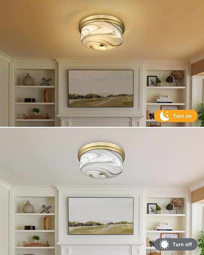 CALDION Flush Mount Ceiling Light, 12inch Close to Ceiling Light Fixture, Metal Gold Finish with Handmade Grey Marble Glass Art Shade for Living Bedroom Room Hallway Kitchen