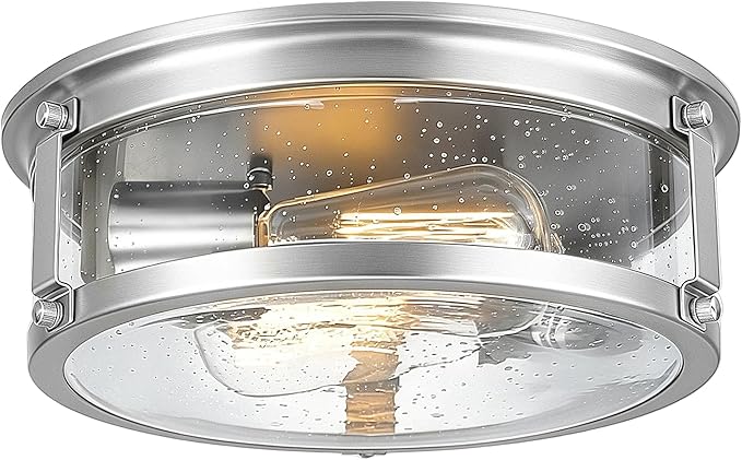 Flush Mount Ceiling Light, 2-Light Metal Cage Ceiling Light Fixture, Brushed Nickel Flush Mount Light with Seeded Glass Shade for Kitchen, Hallway, Bedroom (12 Inch)