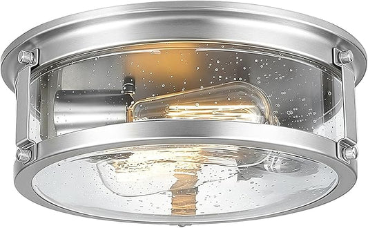 Flush Mount Ceiling Light, 2-Light Metal Cage Ceiling Light Fixture, Brushed Nickel Flush Mount Light with Seeded Glass Shade for Kitchen, Hallway, Bedroom (12 Inch)
