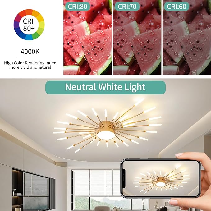 ziidoo Modern Ceiling Light, 28+1 Lights Metal Firework Designed Chic Led Lighting Fixture for Farmhouse Kitchen Dining Room Bedroom Hallway Living Room (Gold and Dark Gold)